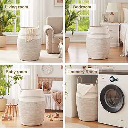 OIAHOMY Laundry Hamper Woven Cotton Rope Large Clothes Hamper 25.6" Height Tall Laundry Basket with Extended Cotton Handles for Storage Clothes Toys in Bedroom, Bathroom, Foldable (Light Grey) - color: White black