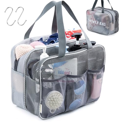 Large Mesh Shower Caddy with Wet & Dry Zones – Portable Hanging Toiletry Bag for College Dorm Room Essentials, Travel, Gym, Camping, Beach Tote Bag – Quick-Dry Shower Tote Organizer - color: Grey, size: Large