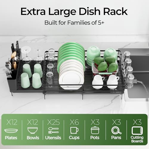 Large Dish Drying Rack, Expandable Dish Rack, Stainless Steel Dish Racks for Kitchen Counter, Multifunctional Dish Drainer with Utensil & Cup Holder, 13.4"-28.7" L x 11.8" W, Black - color: Black, size: 1 Tier