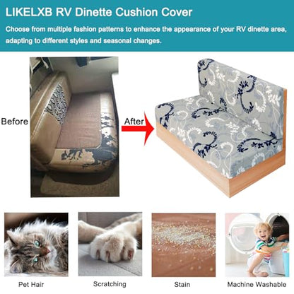 RV Dinette Cushion Covers, Printed Camper Cushion Slipcovers, Washable Anti Slip Stretch Fabric (Gray Leaves) - color: Grey White, size: 1 Bench Cover & 1 Backrest Cover