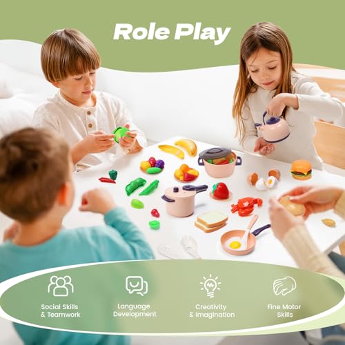 CUTE STONE 51-Piece Mini Play Kitchen Accessories for Kids, Pretend Cooking Playset with Pots, Pans, Utensils, Cutting Fun Fruits & Veggies, Learning Gift for Toddlers, Girls & Boys - style: Purple Cooking Set