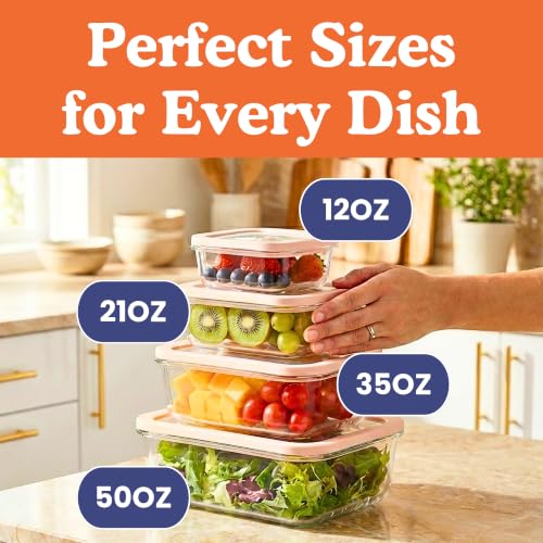 Ziruma Non-Toxic Glass Food Containers with Lids, 4-Pack, Multi-Size, Beige | Plastic & BPA free. Glass body, glass lid & platinum silicone seal. Airtight & leakproof. Freezer & microwave safe. - size: Multi-Size