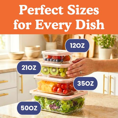Ziruma Non-Toxic Glass Food Containers with Lids, 4-Pack, Multi-Size, Beige | Plastic & BPA free. Glass body, glass lid & platinum silicone seal. Airtight & leakproof. Freezer & microwave safe. - size: Multi-Size