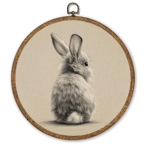 Vintage Rabbit Round Wall Art, Retro Rabbit Floral Canvas Prints with Circular Framed, Cute Bunny Wall Art for Living Room Bedroom Kids Room Decor,Unique Gift for Birthday Easter Baptism10x10inch(Grey-Rabbits) - color: Grey-Rabbit