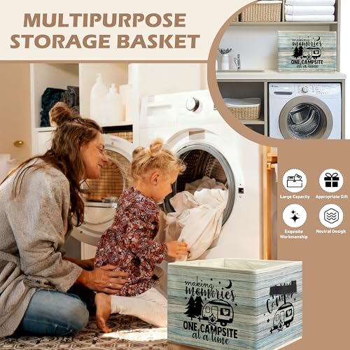 Rustic Camping Camper Storage Bin Box with Handles, Making Memories One Campsite at a Time Foldable Linen Fabric Laundry Basket for Home Bedroom Bathroom Clothes Toys Books(Blue) - color: Blue