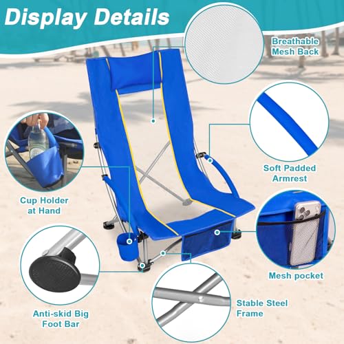 Romswi Compact High Back Beach Chair, Lightweight Low Seat Travel Chair, Beach Chair Fits in Suitcase, 300lbs Heavy Duty Folding Camping Chair with Cup Holder & Pocket, Blue - color: Blue - High Back