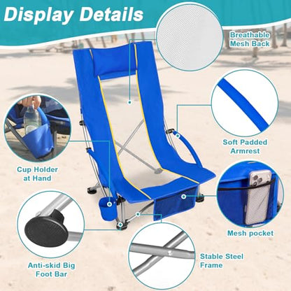 Romswi Compact High Back Beach Chair, Lightweight Low Seat Travel Chair, Beach Chair Fits in Suitcase, 300lbs Heavy Duty Folding Camping Chair with Cup Holder & Pocket, Blue - color: Blue - High Back