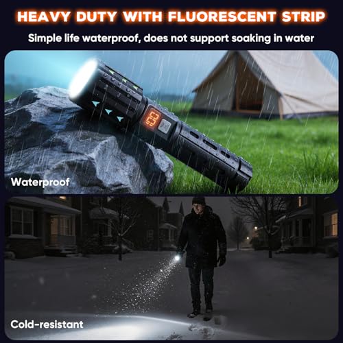 Rechargeable Flashlights with Side Light & Digital Power Display, Bright LED Flashlight with Warning Lights, 5 Modes & Waterproof for Emergency, Camping, Hiking and Home (Black - 2PCS) - color: Black - 2PCS
