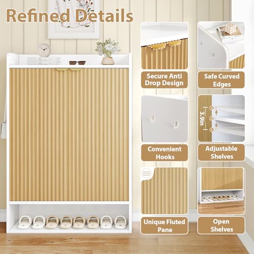 DreamDashio Fluted Shoe Cabinet Storage with Doors, 5-Tier Modern Shoe Storage Cabinet with Side Hooks, Open Shelf & Adjustable Shelves, Tall Shoe Rack Organizer Cabinet for Entryway, Hallway, White