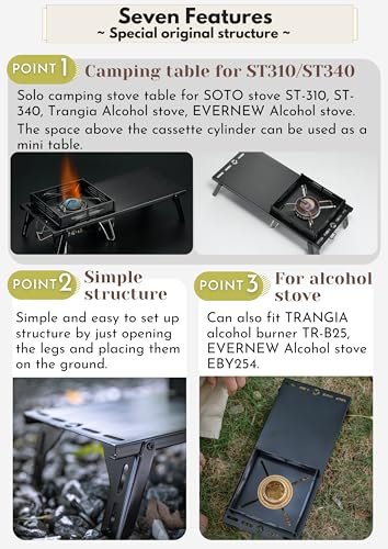 CAMPINGMOON Solo Camping Table Small Tabletop Heat Shield Windshield Stainless Steel Lightweight Compact with Storage Bag for ST-310 Alcohol Stove SK-310CP (Black) - color: Black