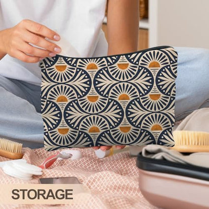Boho Makeup Bag Gifts for Women, Sunset Leaf Aesthetic Makeup Pouch - color: Boho Orange Sun Leaf