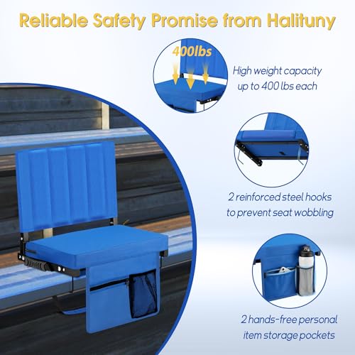 Stadium Seat for Bleachers with Back Support, Portable Bleacher Seat with Wide Comfy Padded Cushion, Metal Hook, Folding Stadium Chair with Shoulder Strap, Carry Handle, Cup Holder, Blue - color: Blue