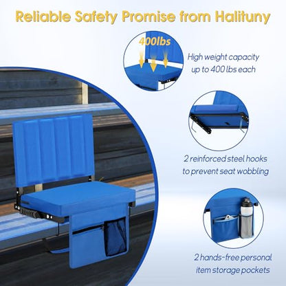 Stadium Seat for Bleachers with Back Support, Portable Bleacher Seat with Wide Comfy Padded Cushion, Metal Hook, Folding Stadium Chair with Shoulder Strap, Carry Handle, Cup Holder, Blue - color: Blue