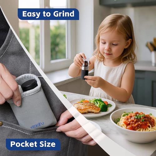 vzaahu Mini Salt and Pepper Grinder Set Black and White with Bag and Funnel, Small Travel Portable Spice Tools, Adjustable Coarseness, Refillable, Ceramic Burrs Seasoning Mills for Cooking, BBQ, RV - color: Black/White