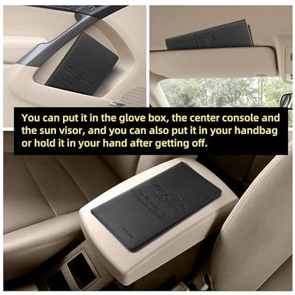 Premium Car Registration & Insurance Card Holder with Magnetic Closure & Clear Pockets, Glove Box Organizer for Documents, Driver's License (Black)