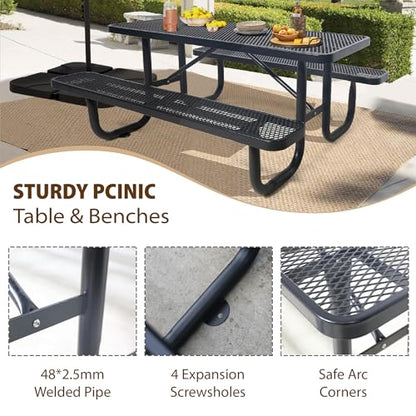 4FT Patio Picnic Table,Heavy-Duty Metal Outdoor Dining Table,Commercial Rectangular Picnic Table Set for Backyard,BBQ and Garden,Black
