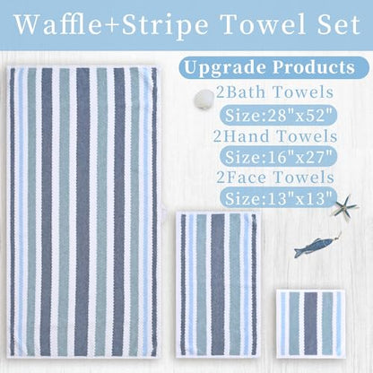 Waffle Towels for Bathroom-Quick Dry | Thick | Lightweight | 540GSM,Large Bath 30"x56", Hand 16"x27",Wash Cloths 13"x13",Cotton Polyester Blend Towels with Hanging Loops,Blue Gray Stripe and White - color: Blue-gray and White, size: 3 PC Bathroom Towel Se