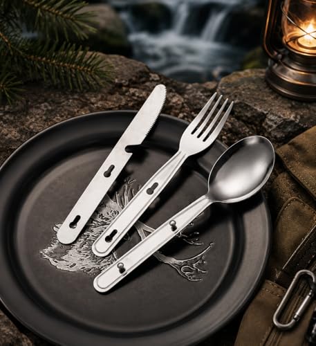 Stainless Steel Travel Utensil Set, 3-Piece Portable Flatware with Spoon, Fork, Knife, Lightweight Camping Cutlery, Interlocking Design, 6 inches, Canvas Carrying Case Included