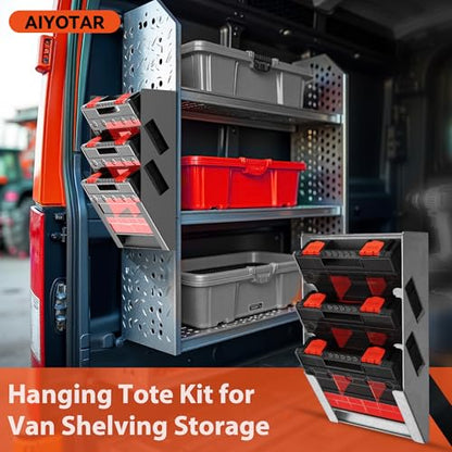 Hanging Tote Kit for Van Shelving Storage, Work Van Organizers and Storage Boxes, 3 Small Parts Tool Box Organizer 63 Compartments and 1 Metal Hanging Organizer Holder, Van Shelf Accessories