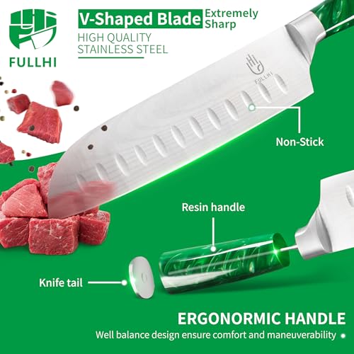 FULLHI 15pcs Japanese Knife Set with Magnetic Knife Block Holder, Japan Stainless Steel Blades, Green Resin Ergonomic Handles for Professional and Home Cooking - color: Green, size: Magnetic Block Knife set