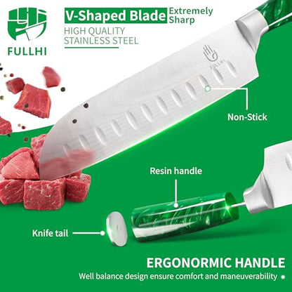 FULLHI 15pcs Japanese Knife Set with Magnetic Knife Block Holder, Japan Stainless Steel Blades, Green Resin Ergonomic Handles for Professional and Home Cooking - color: Green, size: Magnetic Block Knife set