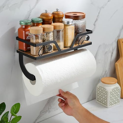 Farmhouse Paper Towel Holder with Emj Funny Memes Kitchen Organizer Shelf, Rustic Brown Wall Mount/Adhesive Hand Towel Roll Shelf & Spice Rack for Kitchen, Bathroom RV, Apartment