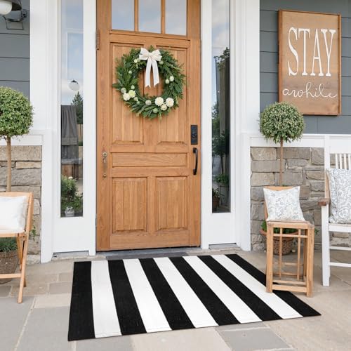 Collive Black and White Outdoor Striped Rug 27.5"x 43", Washable Layered Door Mats Outdoor,Farmhouse Front Porch Rug Decor,Cotton Woven Entryway Rugs for Welcome Mat Kitchen - color: Black and White, size: 2'4" x 3'7" (Rectangular)