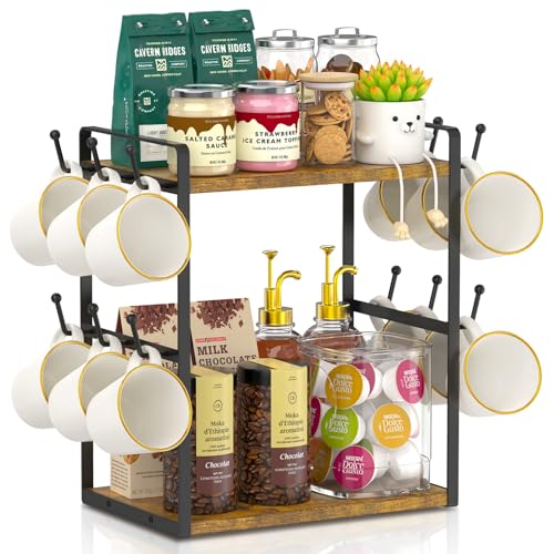 EsLuker.ly Coffee Station Bar Organizer Mug Holder Stand Countertop, 2 Tier Mug Cup Tree Rack for Kitchen Office, Storage Shelf with 12 Hooks, Creat Stylish Coffee Corner - color: Vintage Brown + Black