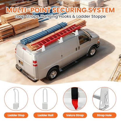 Van Roof Ladder Rack Fit for 1996-2025 Chevy Express 1500/2500/3500 Vans, with Rear Roller, 850 lbs Heavy Duty, 3 Adjustable Crossbars (48"-67"), Rain Gutter Mounts, No Drill