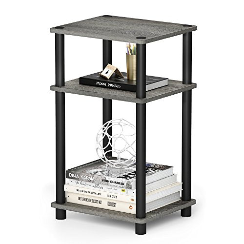 Furinno JUST Side Table Set of 2, 3-Tier Modern End Tables, Open Shelves Night Stand, Nightstand Set, Toolless Assembly, for Living Room, Bedroom, French Oak - color: French Oak Grey/Black, size: 3-Tier, Round Pole, style: 2-Pack