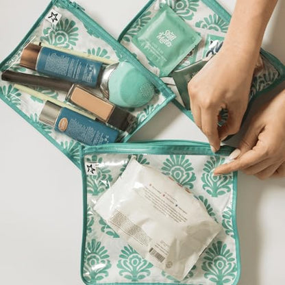Tiny Twinkle Diaper Bag Organizing Pouches|3 Pack Mess-Proof Clear Front Travel Organizer Bags&TSA Approved Toiletry Bag Set for Baby and Mom Essentials - color: Peacock