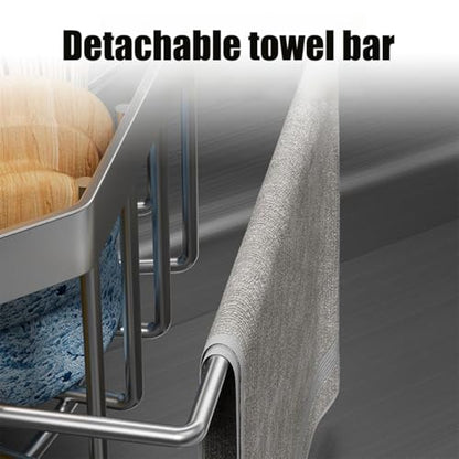 Sink Organizer, Silver Stainless Steel Sponge Holder with Towel Bar, Self-Adhesive Kitchen Storage Rack，Suitable for right-angle sinks