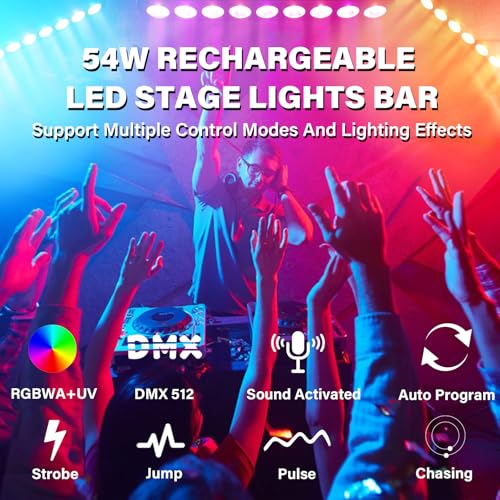 Rechargeable Stage Lights Bar,2Pack 9 LED RGBWA+UV Battery Powered DJ Light Strip Built-in 5200mAh Battery Remote Control DMX512 Sound Activated Uplights for Church Events Wedding Disco Party
