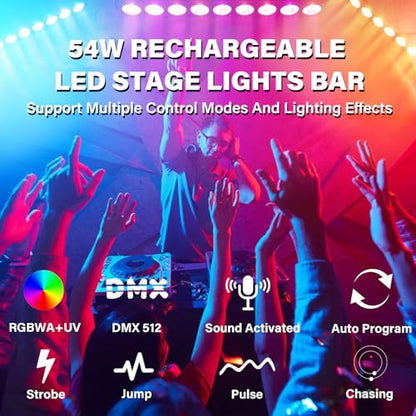Rechargeable Stage Lights Bar,2Pack 9 LED RGBWA+UV Battery Powered DJ Light Strip Built-in 5200mAh Battery Remote Control DMX512 Sound Activated Uplights for Church Events Wedding Disco Party