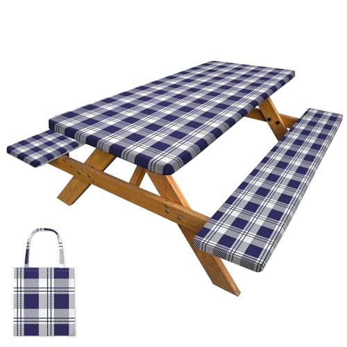 Picnic Table Cover with Bench Covers Camping Tablecloth with Storage Bag Windproof Waterproof Picnic Table Covers with Elastic for Camping - color: Blue Plaid, size: 72x30in