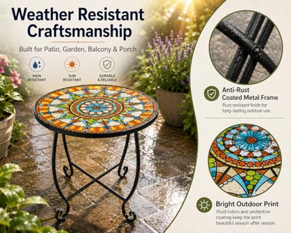 Mosaic Outdoor Side Table Round, 15 Inch Height - Small Patio Table, Foldable Sun Pattern Metal Plant Stand for Garden, Balcony, Porch & Camping - color: Sunburst