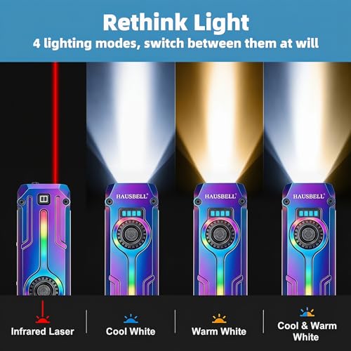 HAUSBELL Flat EDC Flashlight,1800 Lumen UV Magnetic Rechargeable Pocket | Stepless Dimming Dial,Stainless Steel Body,RGB+UV,USB-C Fast Charge,Magnetic Base,Waterproof, for Work,Camping & Emergency - color: Iridescent