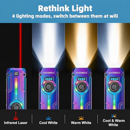 HAUSBELL Flat EDC Flashlight,1800 Lumen UV Magnetic Rechargeable Pocket | Stepless Dimming Dial,Stainless Steel Body,RGB+UV,USB-C Fast Charge,Magnetic Base,Waterproof, for Work,Camping & Emergency - color: Iridescent