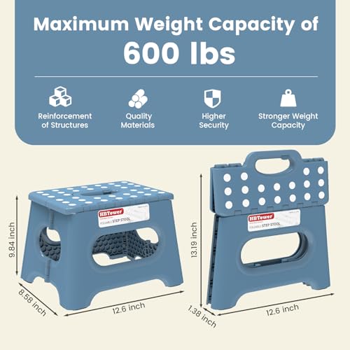 HBTower Folding Step Stool 9 Inch - Holds 600 lb, Non-Slip Surface & Carry Handle - Sturdy Step Stool for Kids, Toddlers & Adults - Compact Foldable Foot Stool for Kitchen, Bathroom, Bedroom(Blue) - color: Blue