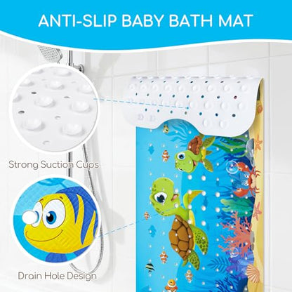 Baby Bath Mat for Tub, Non Slip Kids Bath Shower Mat, 40 X 16 Inch Large Bathtub Mat with Drain Holes and Suction Cups for Toddlers, Machine Washable and Waterproof (Turtle) - color: Turtle