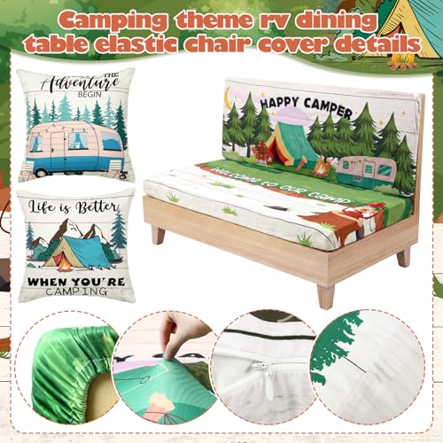 Geyoga 6 Pcs Happy Camper Rv Dinette Cushion Covers Stretch Washable Rv Cushion Covers Camper Accessories for Campers Car Bench, 2 Pillowcase, 2 Backrest and 2 Bench Replacement