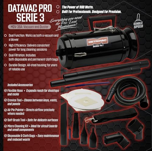 METROVAC DataVac Pro Series 3 MDV-3BA, 900W Handheld Vacuum/Blower with Single Speed Control, Filter, Disposable Bag & Permanent Cloth Bag - size: 900 watts Pro Series 3