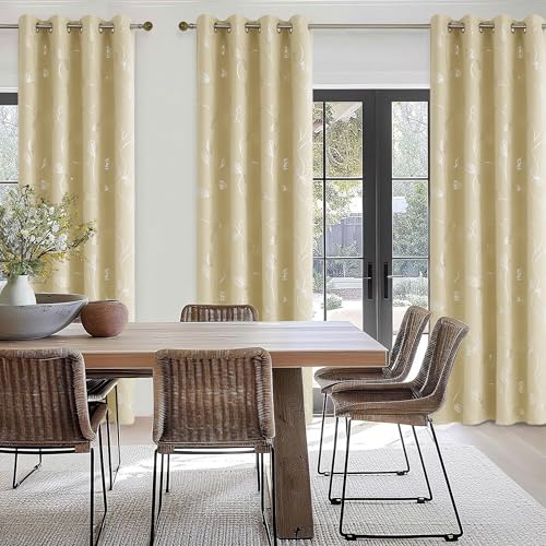 BUHUA Christmas Beige Blackout Curtains 84 Inches Long, Darkening Curtains for Bedroom Window Curtain Panels with Leaf Pattern (52 x 84 Inch,Beige,2 Panels) - color: Silver Leaf /Beige, size: 52"W x 84"L (Pack of 2)