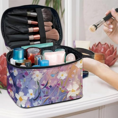 Flashideas Daisy Print Makeup Bag Portable Cosmetic Bag Large Capacity Travel Toiletry Bag Double Zippers for Cosmetics Vertical Storage Multifunctional Makeup - color: Daisy Print 1