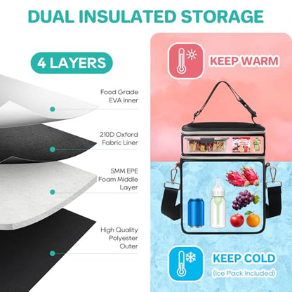 PIIOSER Breastmilk Cooler Bag with Ice Pack Fits 6 Baby Bottles Up to 9 Ounce, Insulated Baby Bottle Tote Bags, Double Layer Waterproof Leak-Proof with Shoulder Strap for Nursing &Working Mom - color: Black