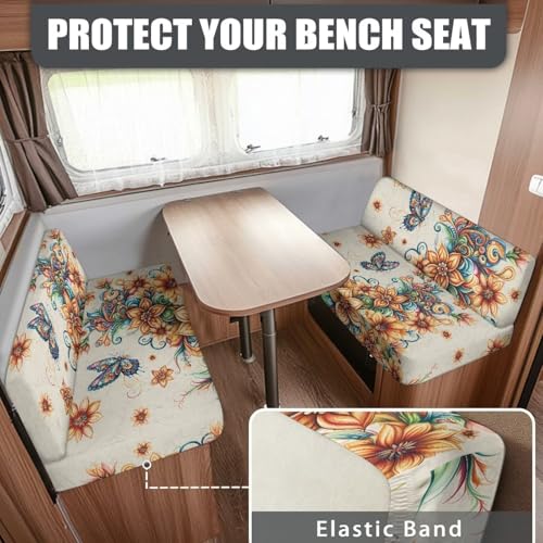 Butterfly Boho Floral Pattern RV Dinette Cushion Slipcovers Stretch Camper Booth Seats Replacement Cover RV Sofa Furniture Protector-Bench & Backrest Covers, 2 Sets - color: Butterfly Boho Floral
