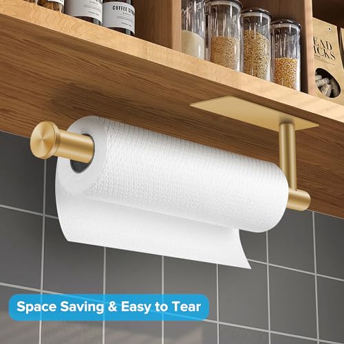 2nd Gen Paper Towel Holder Under Cabinet No Drilling, [More Sturdy] Self Adhesive or Drilling Paper Towel Holder Wall Mount for Kitchen, RV, [Fit Mega Paper Towel Roll] SUS304 Stainless Steel - color: Gold