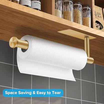 2nd Gen Paper Towel Holder Under Cabinet No Drilling, [More Sturdy] Self Adhesive or Drilling Paper Towel Holder Wall Mount for Kitchen, RV, [Fit Mega Paper Towel Roll] SUS304 Stainless Steel - color: Gold