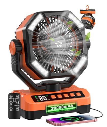 Camping Fan Battery Powered Fan - Rechargeable with Starlight, 20000mAh Battery Operated Outdoor 5 Speed Desk Fans with LED,Hook,Remote Control, Timer,Personal Fans for Tent, Power Outage, Fishing