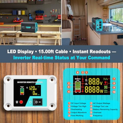 1500 Watt Pure Sine Wave Inverter, 12V DC to 120V AC Inverters for Car, RV, Truck, Home, Camping, Solar Power Inverter with 3 AC Outlet, 30W USB-C, 5V 3.1A USB, Remote Control, Surge 3000W - color: Black+Blue, size: 12V-1500W Pure Sine Wave Inverter